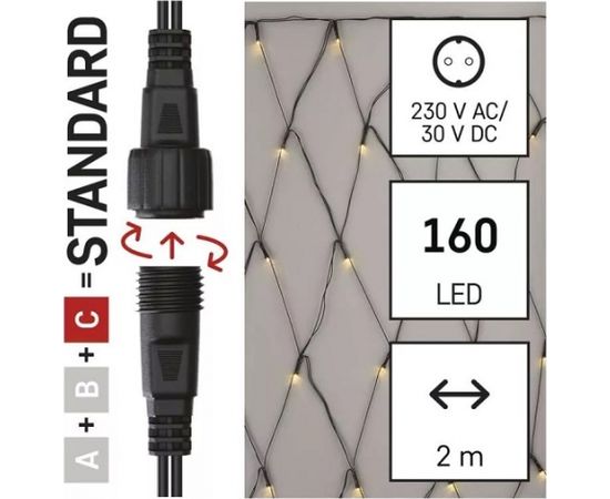 LED dekoratīvā virtene NET, 30Vdc, 2x1,5m, 160x LED, silti balta, bez barošanas avota, EMOS