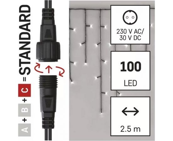 Светодиодная гирлянда / занавес, 30Vdc, 2,5x0,9м, 100 x LED, подключаемая, холодный белый цвет, без блока питания, EMOS