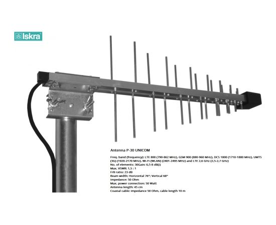 Interneta signāla pastiprinātājs LTE Antena P-30 UNICOM H/V+H155 10m+SMA ISKRA Silver