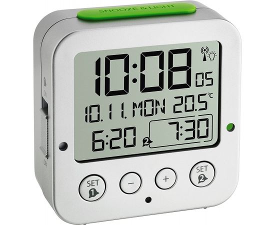 TFA Digital radio alarm clock with temperature BINGO (silver/green)