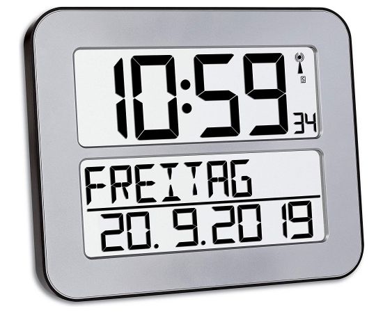 TFA Digital radio clock TIMELINE MAX, wall clock (silver)