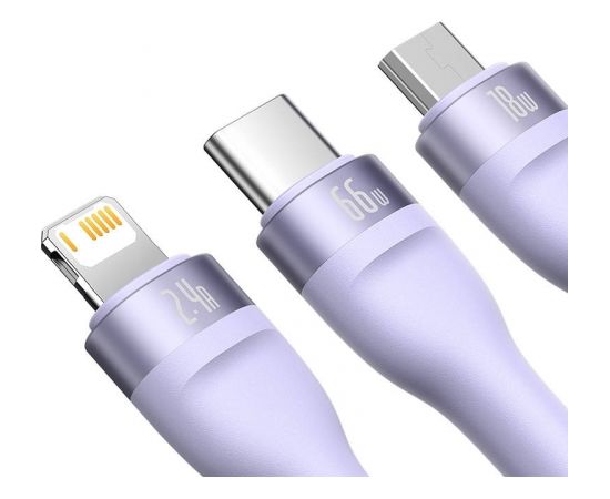 3in1 USB cable Baseus Flash II Series, USB-C + micro USB + Lightning, 66W, 1.2m (Purple)