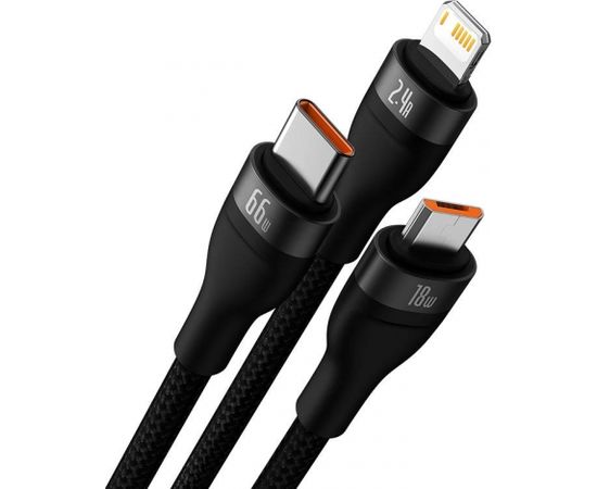 3in1 USB cable Baseus Flash II Series, USB-C + micro USB + Lightning, 66W, 1.2m (Black)