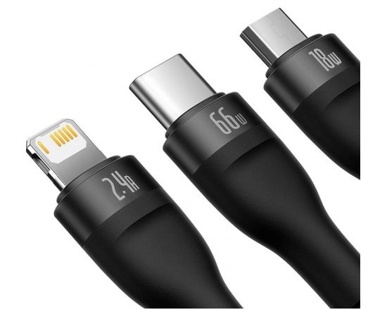 3in1 USB cable Baseus Flash II Series, USB-C + micro USB + Lightning, 66W, 1.2m (Black)