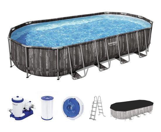 Bestway Power Steel Frame Pool Set, 732 cm x 366 cm x 122 cm, swimming pool (dark brown/blue, wood decor, with filter pump)