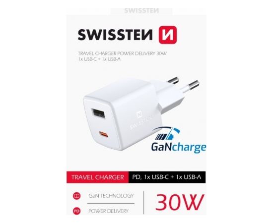 Swissten GaN Mini зарядное устройство USB-C / USB / PD 30W