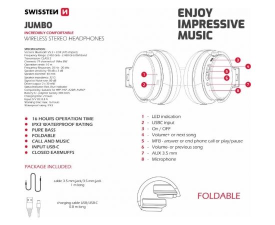 Swissten Jumbo Bluetooth Bezvadu Austiņas Ar FM / AUX