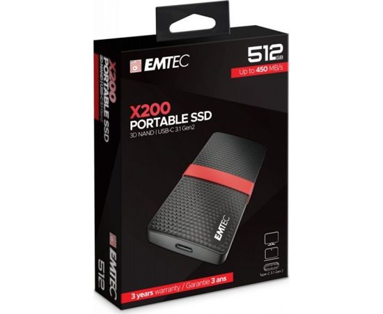 Emtec X200 Portable SSD 512 GB Solid State Drive (Black / Red, USB 3.2 C (5 Gbit / s))