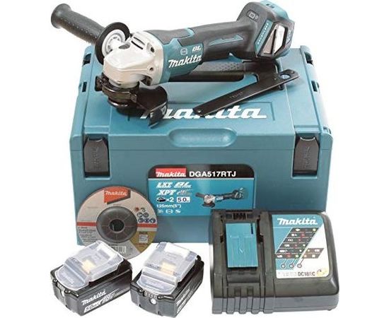 Makita DGA517RTJ, 18Volt (2x Li-ion baterijas 5.0Ah) leņķa slīpmašīna