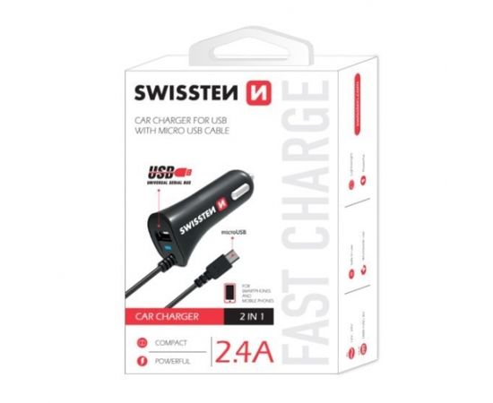 Swissten Premium Auto Lādētājs USB + 2.4A un micro USB vads 60 cm Melns