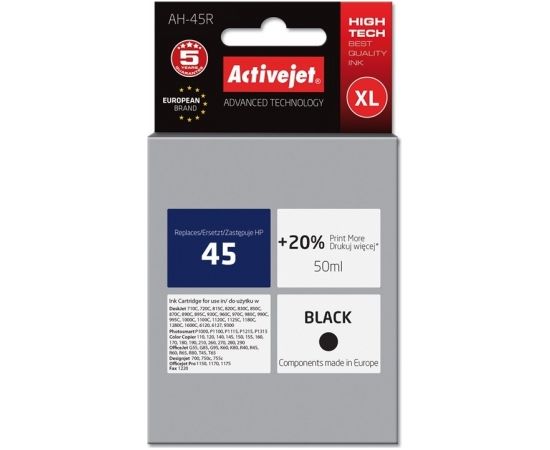 Activejet AH-45R HP Printer Ink, Compatible with HP 45 51645A;  Premium;  50 ml;  black. Prints 20% more.
