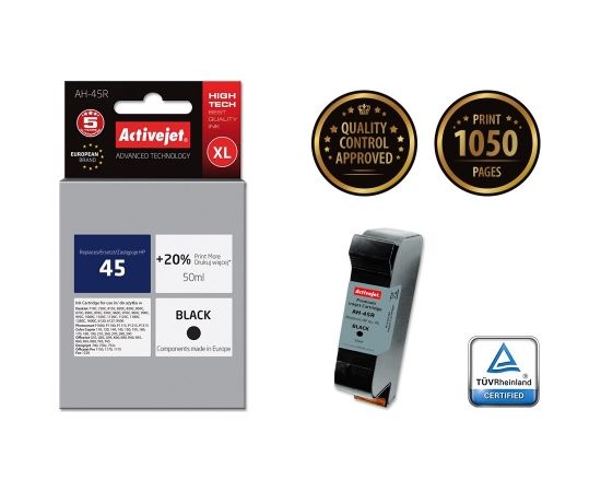Activejet AH-45R HP Printer Ink, Compatible with HP 45 51645A;  Premium;  50 ml;  black. Prints 20% more.
