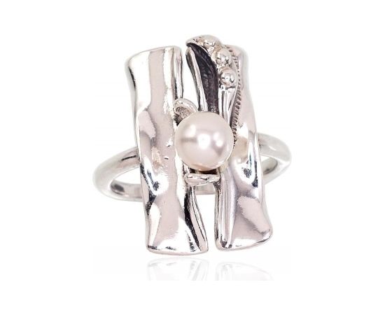 Sudraba gredzens #2101706(POx-Bk)_PESN, Sudrabs 925°, oksids (pārklājums), Pērles (sint.), Izmērs: 17.5, 5.1 gr. Sieviešu