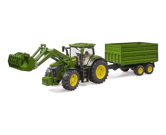 Bruder John Deere 7R 350 with front loader and tandem axle transport trailer, model vehicle