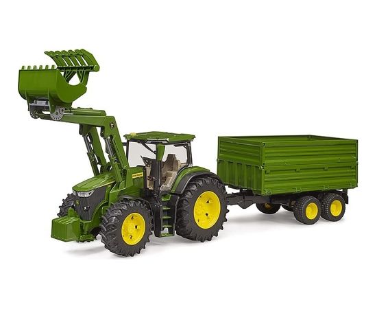 Bruder John Deere 7R 350 with front loader and tandem axle transport trailer, model vehicle