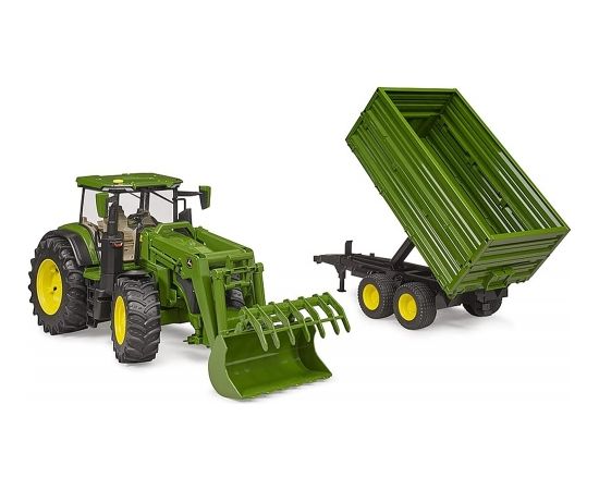 Bruder John Deere 7R 350 with front loader and tandem axle transport trailer, model vehicle