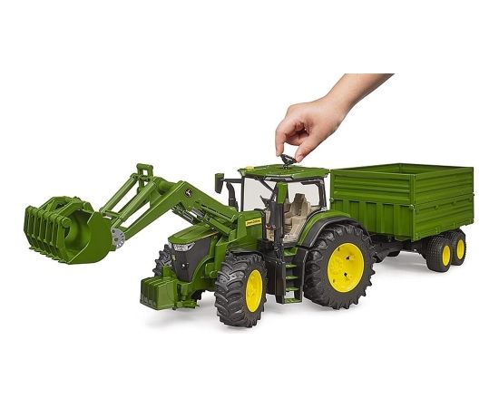 Bruder John Deere 7R 350 with front loader and tandem axle transport trailer, model vehicle