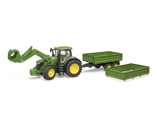 Bruder John Deere 7R 350 with front loader and tandem axle transport trailer, model vehicle