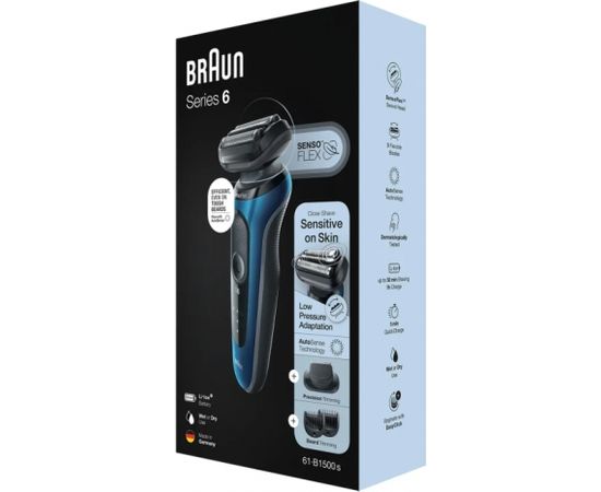 Braun Shaver 61-B1500s	 Operating time (max) 50 min, Wet & Dry, Blue/Black