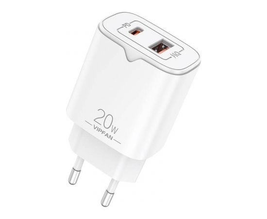 Vipfan E08 network charger, USB + USB-C, 20W PD + QC 3.0 (white)