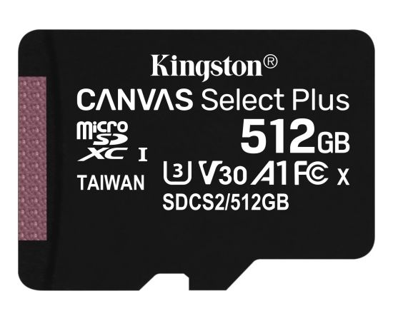 Kingston Canvas Select Plus MicroSD 512 GB Class 10 UHS-I/U3 A1 V30 (SDCS2/512GBSP)