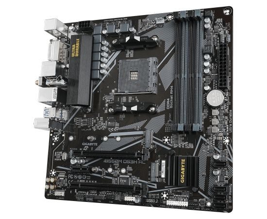 Gigabyte B550M DS3H AC 1.0/1.1/1.2/1.3 M/B Processor family AMD, Processor socket AM4, DDR4 DIMM, Memory slots 4, Supported hard disk drive interfaces 	SATA, M.2, Number of SATA connectors 4, Chipset AMD B550, Micro ATX