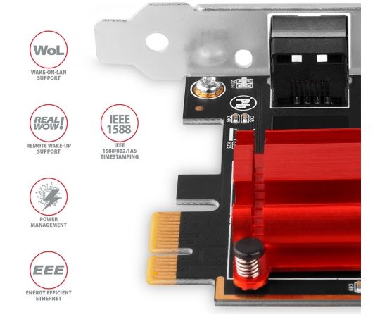 Axagon PCI-Express network card with 2.5 Gbit/s transmission rate and PXE support.