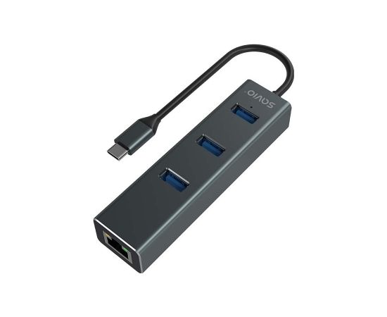 Savio AK-57 USB-C - 3 x USB-A HUB with RJ-45 Gigabit Ethernet adapter, 5000 Mbit/s, grey