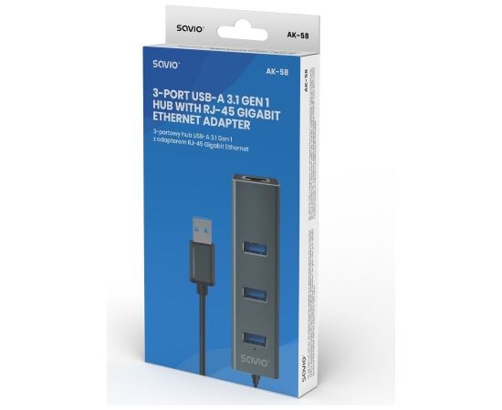 Savio AK-57 USB-A - 3 x USB-A HUB with RJ-45 Gigabit Ethernet adapter, 5000 Mbit/s, grey