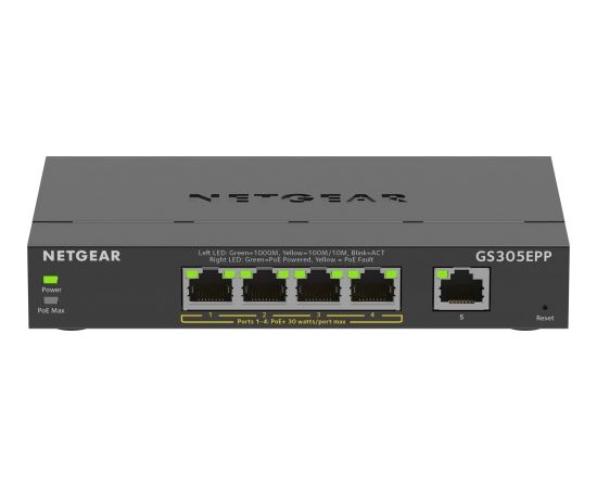 NETGEAR 5-Port Gigabit Ethernet High-Power PoE+ Plus Switch (GS305EPP) Managed L2/L3 Gigabit Ethernet (10/100/1000) Power over Ethernet (PoE) Black