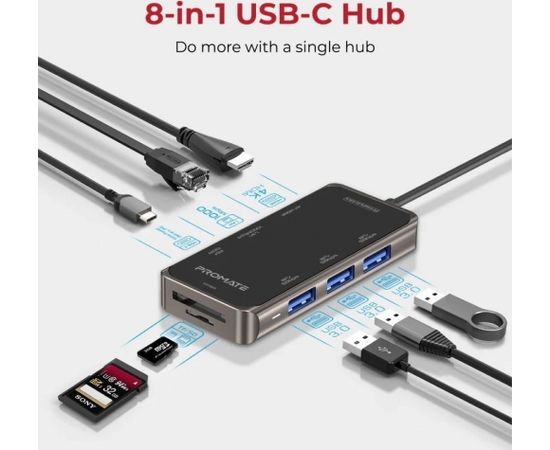 PROMATE PrimeHub-Mini 8in1 USB-C Hub HDMI 4K / LAN / PD 100W / SD / 3x USB 3.0