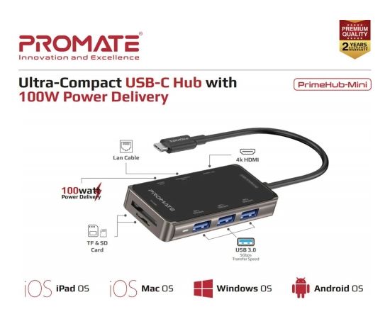 PROMATE PrimeHub-Mini 8in1 USB-C Hub HDMI 4K / LAN / PD 100W / SD / 3x USB 3.0