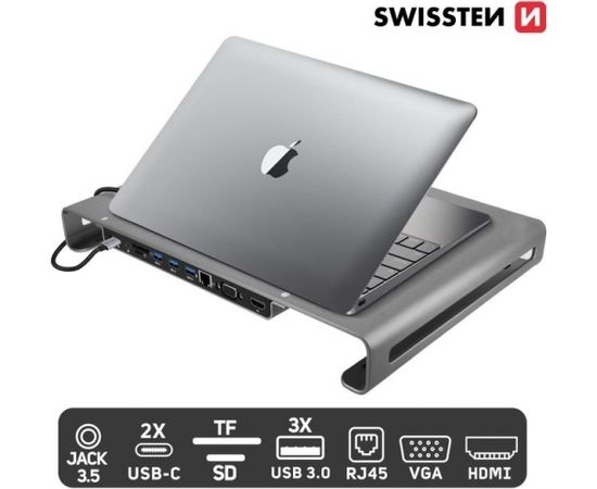Swissten Daudzfunkcionāla USB-C Klēpjdatora dokstacija / HDMI / USB 3.0 / 2x USB-C / RJ45 / SD / Micro SD / VGA / Audio / Pelēka