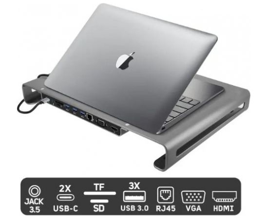 Swissten Daudzfunkcionāla USB-C Klēpjdatora dokstacija / HDMI / USB 3.0 / 2x USB-C / RJ45 / SD / Micro SD / VGA / Audio / Pelēka