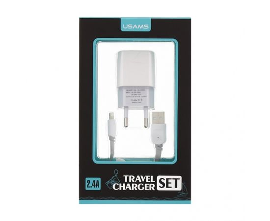 USAMS Dual Quick Charge Premium Universāls Tīkla Lādētājs USB 2.4A + Lightning Vads Balts