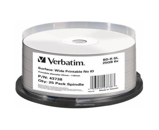 VERBATIM inkjet printable BD-R 25GB 6x 25-pack cakebox white surface