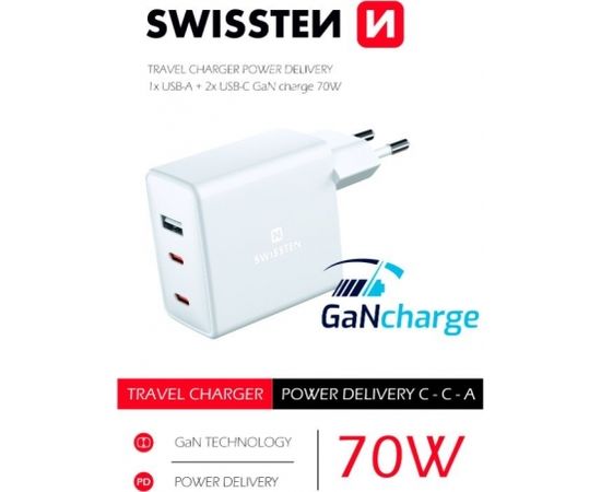 Swissten GaN Tīkla Lādētājs 2 x USB-C / USB / 70W