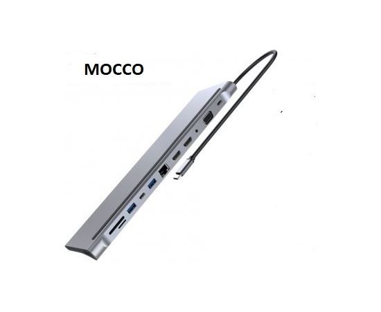 Mocco 12in1 Klēpjdatora dokstacija / 2 x HDMI / 2 x USB 3.0 / USB-C / RJ45 / SD / Micro SD / VGA / PD / Audio / Pelēka