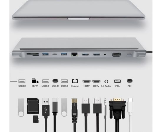 Mocco 12in1 Klēpjdatora dokstacija / 2 x HDMI / 2 x USB 3.0 / USB-C / RJ45 / SD / Micro SD / VGA / PD / Audio / Pelēka