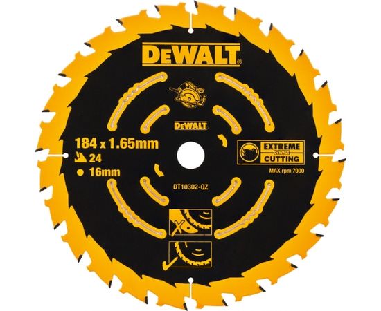 Griešanas disks kokam DeWalt Extreme; 184x1,65x16,0 mm; Z24; 5°