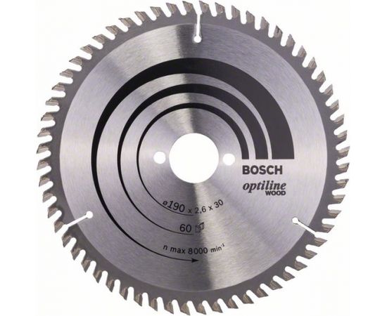 Griešanas disks kokam Bosch OPTILINE WOOD; 190x2,6x30,0 mm; Z60; 15°