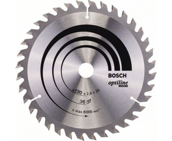 Griešanas disks kokam Bosch OPTILINE WOOD; 190x2,6x20,0 mm; Z36; 15°