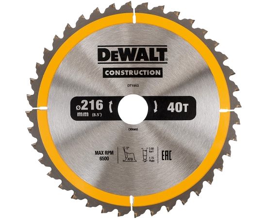 Griešanas disks kokam DeWalt; 216x2,6x30,0 mm; Z40; -5°