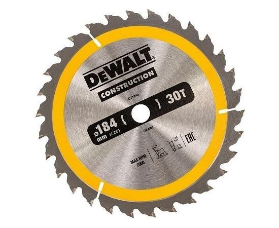 Griešanas disks kokam DeWalt; 184x2,6x16,0 mm; Z30; 10°