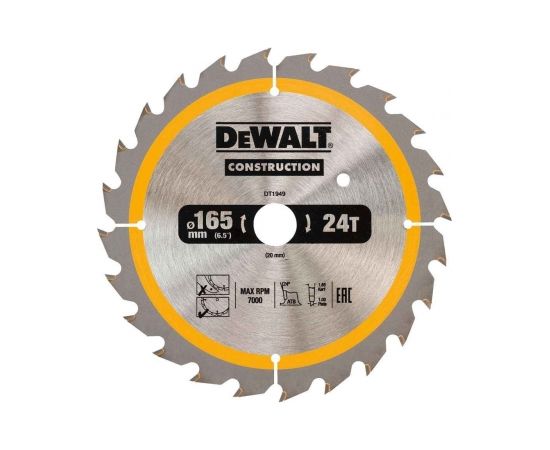 Griešanas disks kokam DeWalt; 165x1,86x20,0 mm; Z24; 20°