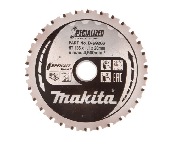 Griešanas disks metālam Makita Efficut Metal; 136x1,1x20 mm; Z30; 0°