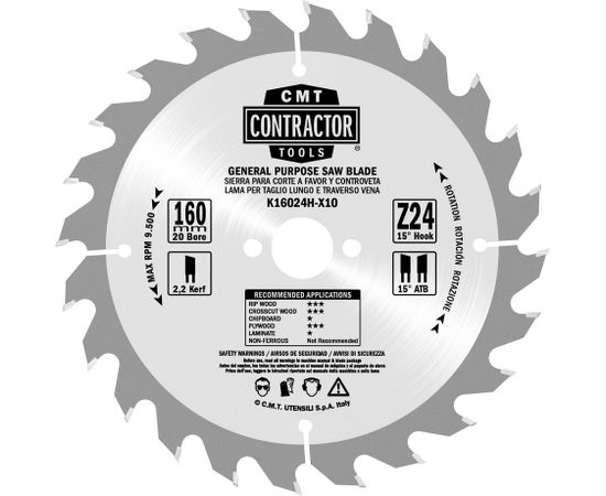 Griešanas disks kokam CMT Contractor; 160x2.2x20; Z24; 15°
