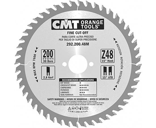 Griešanas disks kokam CMT 292; 200x2,8x30; Z48; 15°