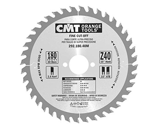 Griešanas disks kokam CMT 292; 180x2,6x30; Z40; 15°