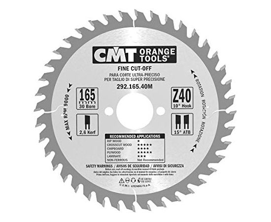 Griešanas disks kokam CMT 292; 165x2,6x30; Z40; 10°